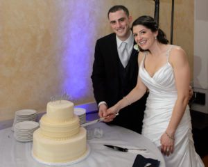 The bride and groom cutting the cake