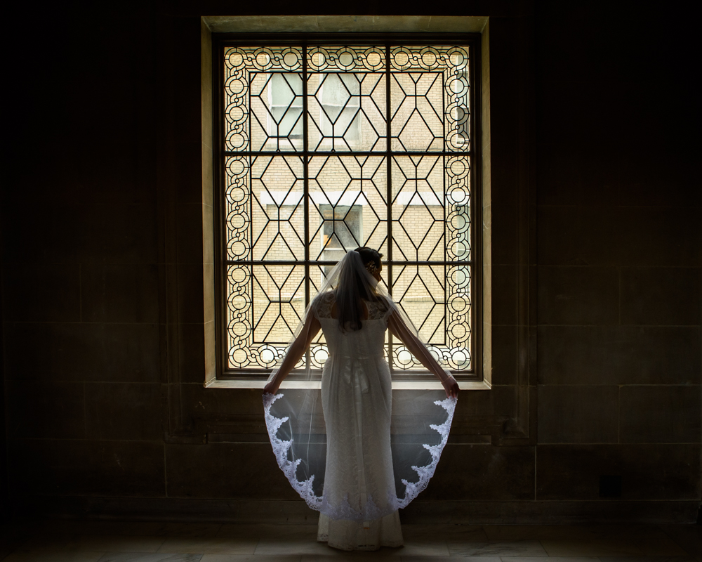 Back of dress and Veil at city hall window