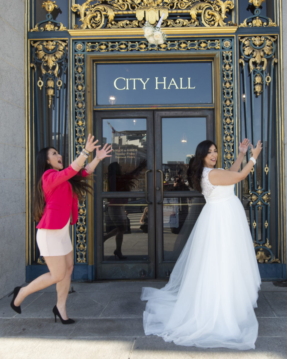 Catching the Bouquet in front of San Francisco City Hall