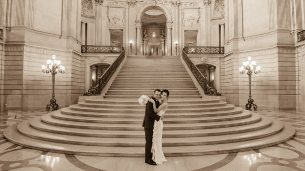 The Grand Staircase at city hall in Sepia Tone