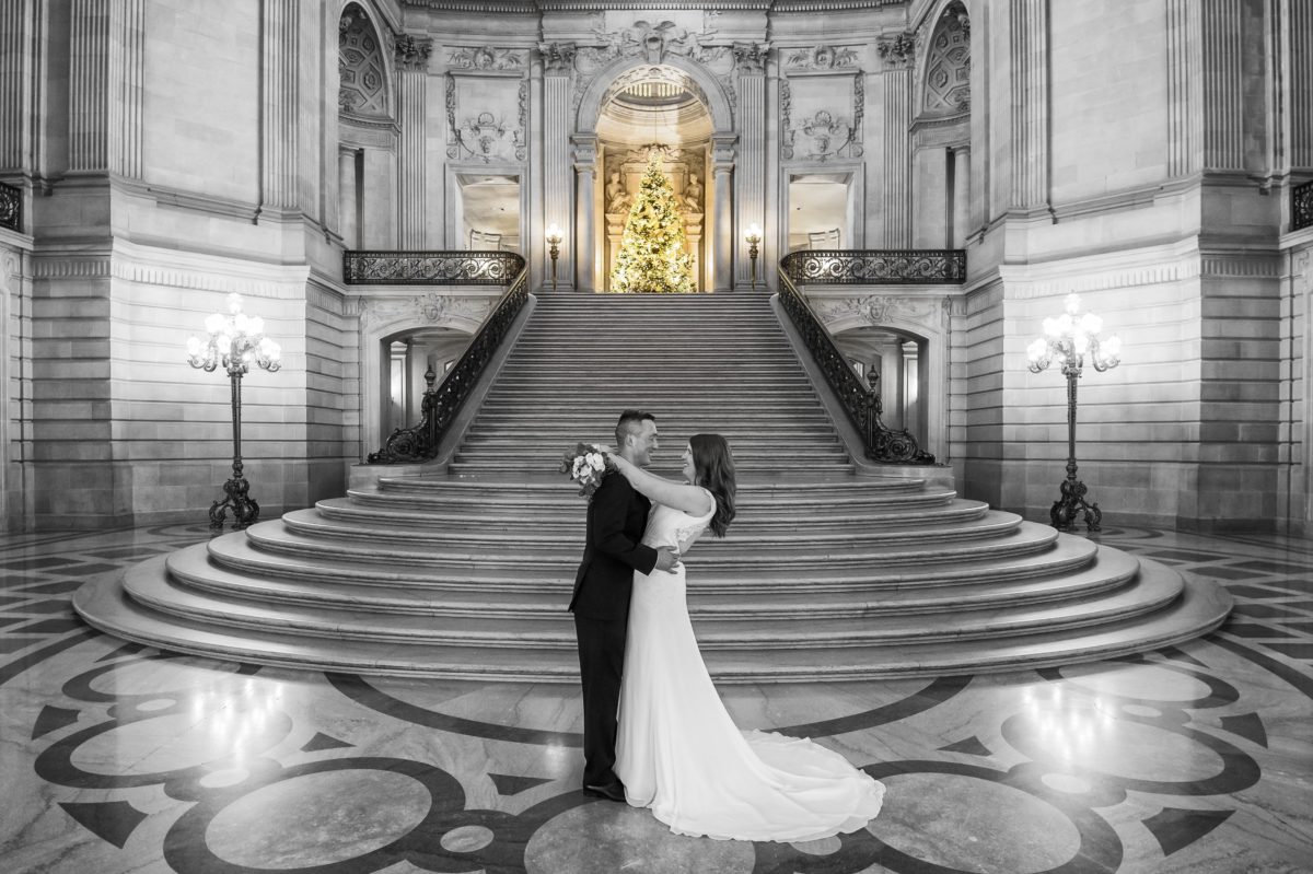 The Grand Staircase at Christmas time.  A mix of black and white and color in San Francisco.