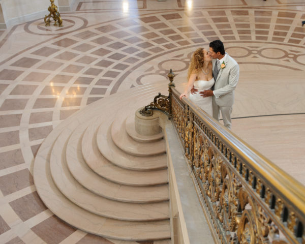 Looking down at the Grand Staircase at San Francisco city hall allows you to view the patterned floor.
