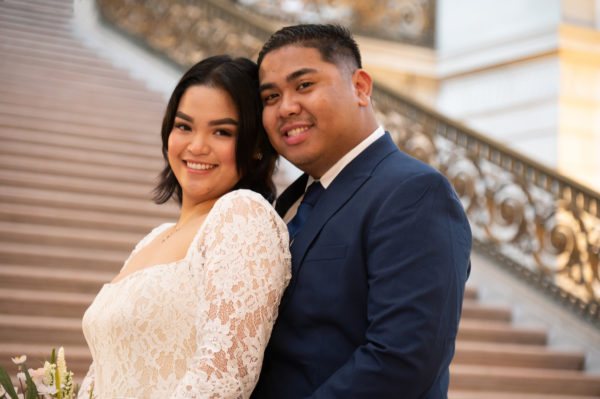 Close up image of bride and groom at San Francisco city hall