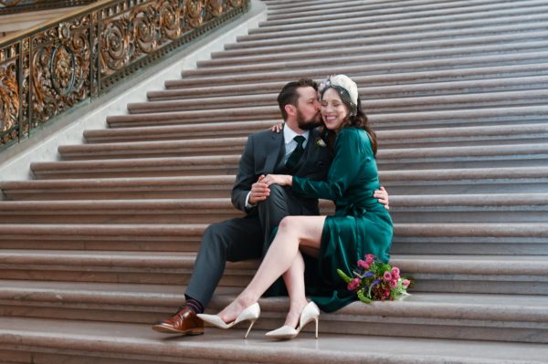 Fun wedding photography on the Grand Staircase at SF city hall