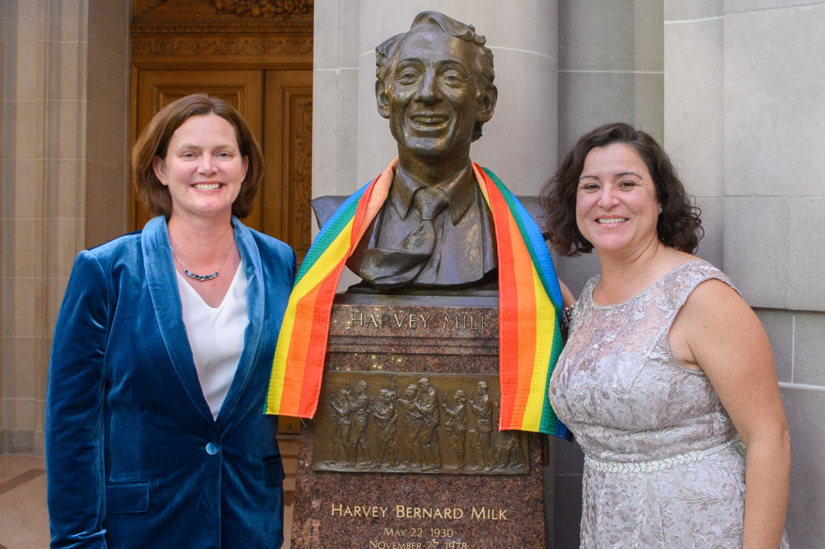 Lesbian Couple posing with Harvey Milk Statue