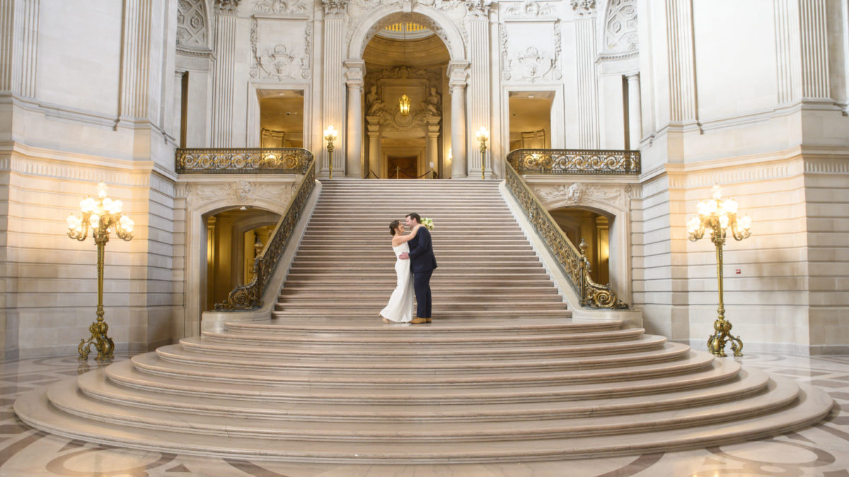 Bride and Groom on the Grand Staircase at SF City Hall