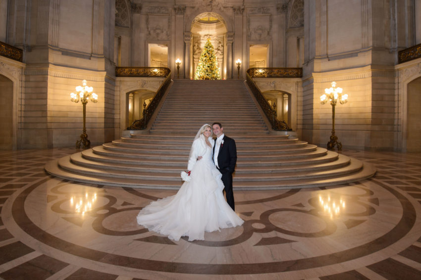 Christmas Wedding photography on the Grand Staircase at SF City Hall