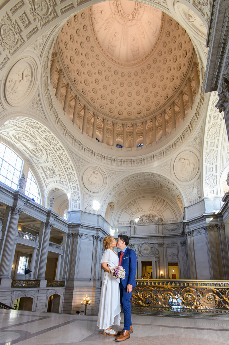 Wide angle city hall wedding photography showing the famous dome with bride and groom