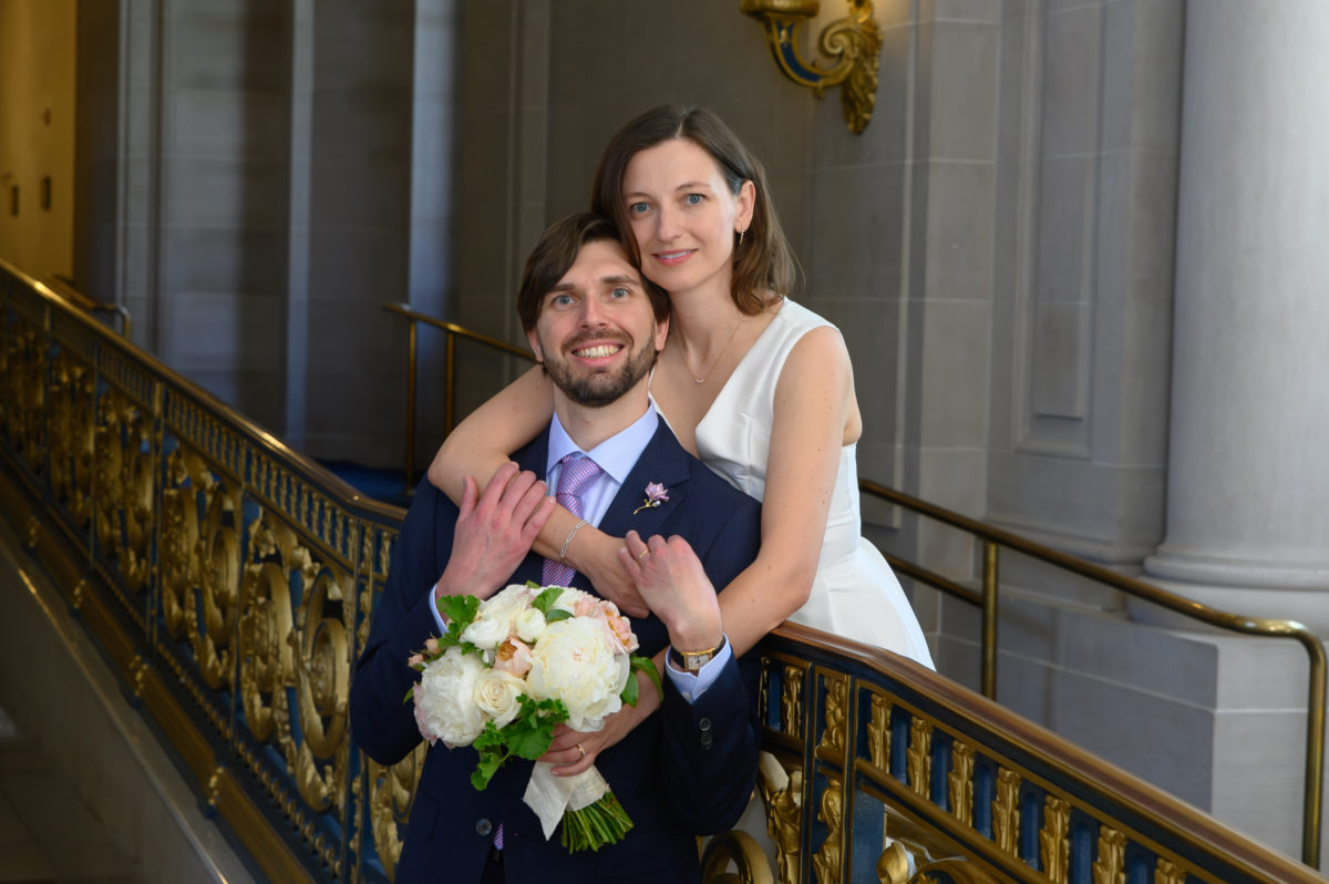 San Francisco city hall golden rail wedding photo