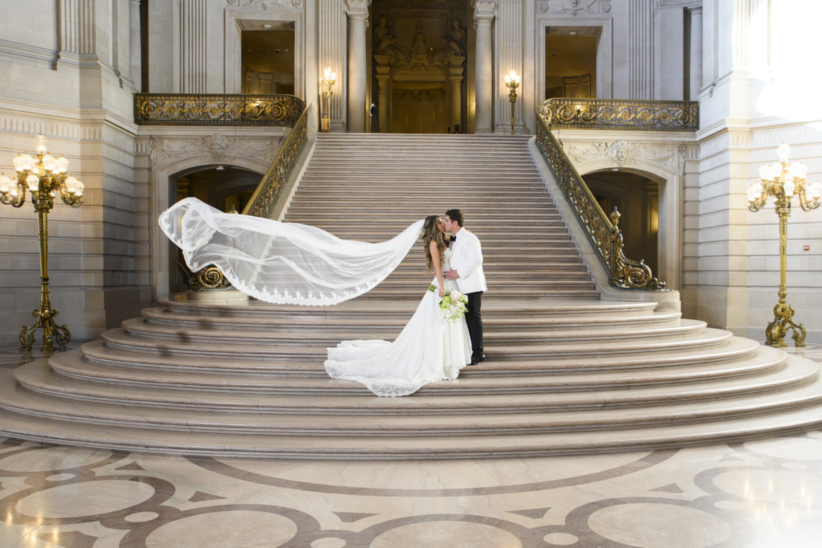 Flying Veil at San Francisco city hall wedding photography shoot