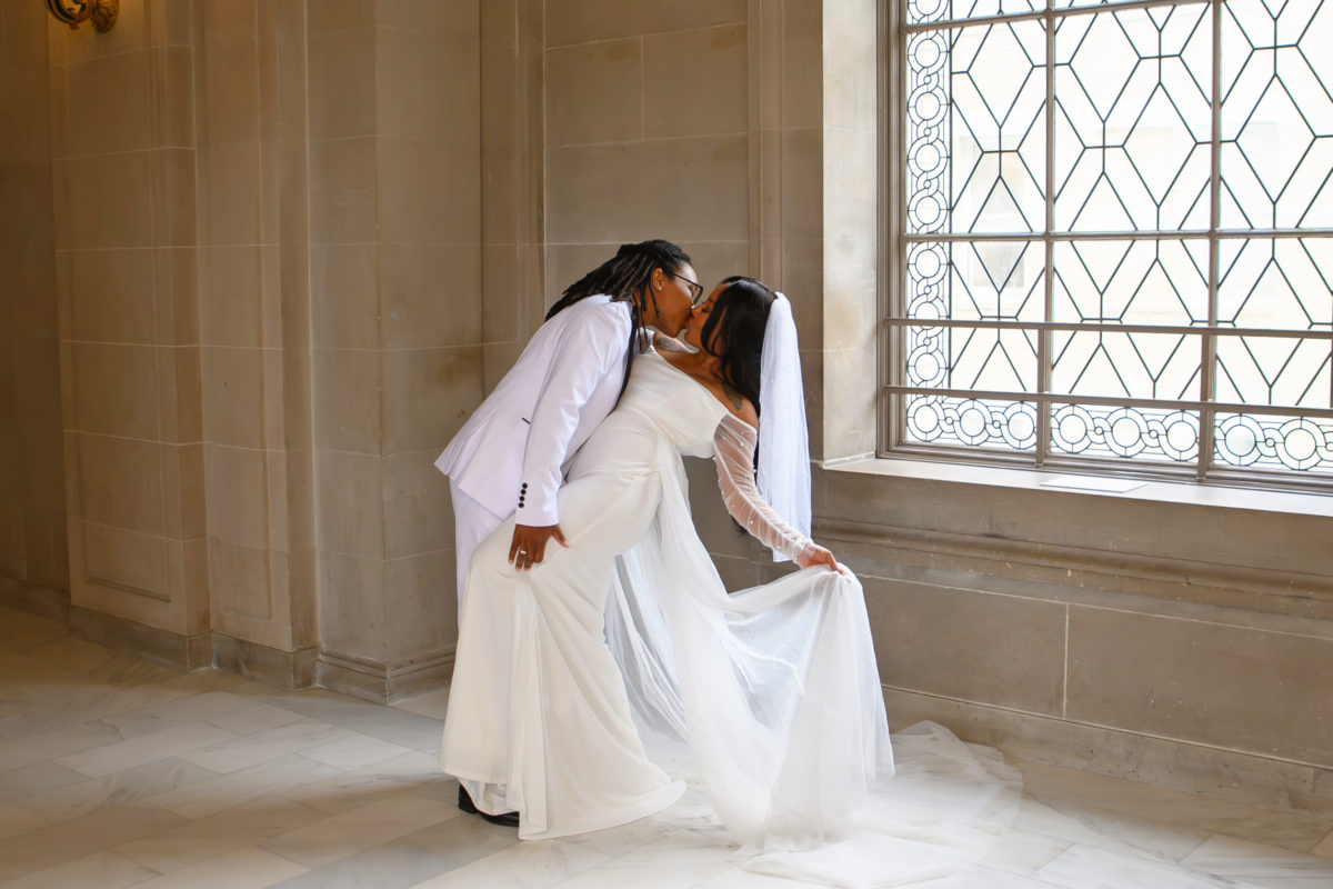 SF City Hall wedding pictures of African American couple on the 3rd floor