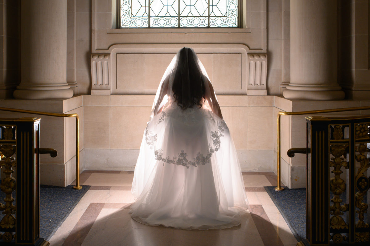Glowing Wedding dress at San Francisco city hall marriage.